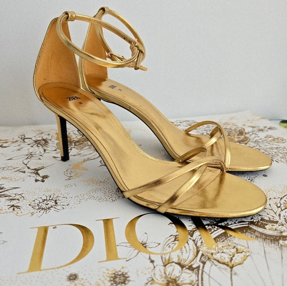 Zara Gold Strappy Women's Heels Ankle Party Prom Size 9 - Picture 4 of 8